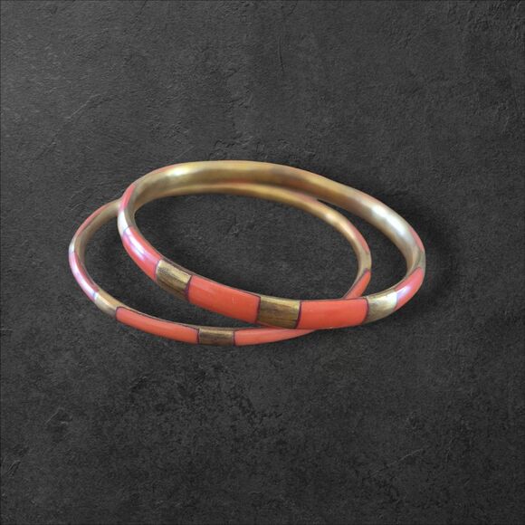 Vintage Boho Brass Bangle Bracelet Orange Resin Lot of Two Bohemian Style - Picture 1 of 3